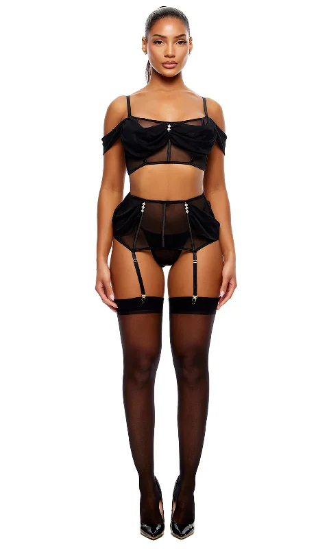 Princess Treatment Draped Mesh Bra and Garter Skirt Lingerie Set - Black