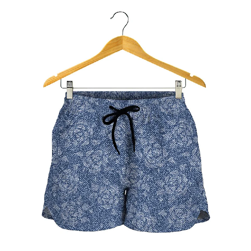 Rose Denim Jeans Pattern Print Women's Shorts