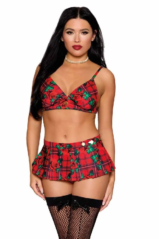 Rose Print Bralette & Plaid Mini Skirt