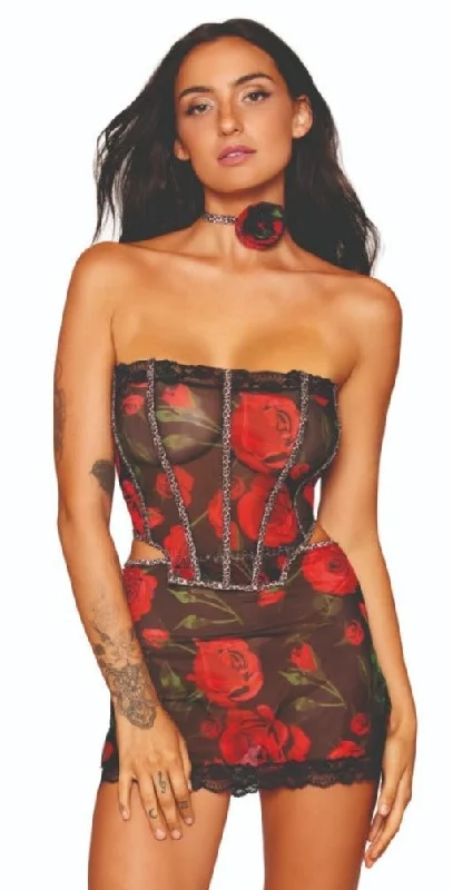 Rose Print Stretch Mesh Bustier and Mini Skirt