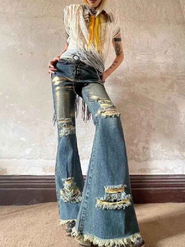 Low Waisted Old Ripped Metal Flare Jeans【s0000004947】