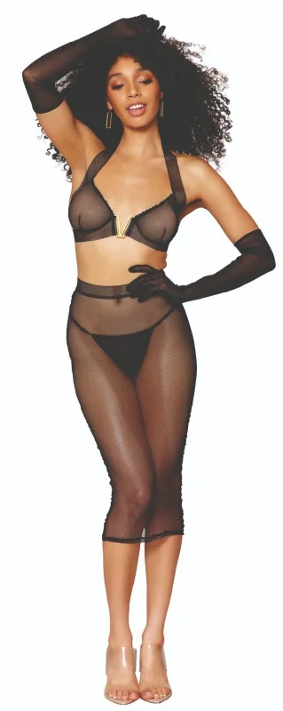 Sheer Stretch Fishnet Fantasy Bra and Skirt Set