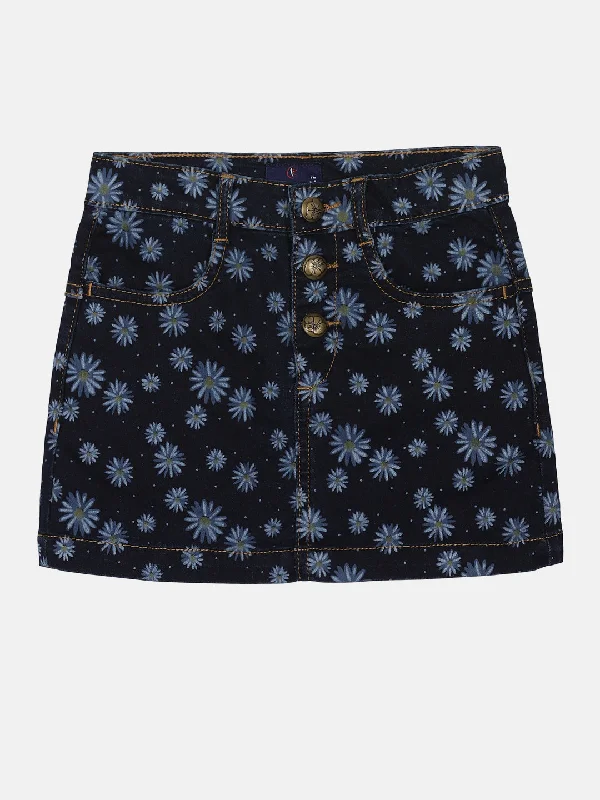 Girls Flower Printed Denim Skirt