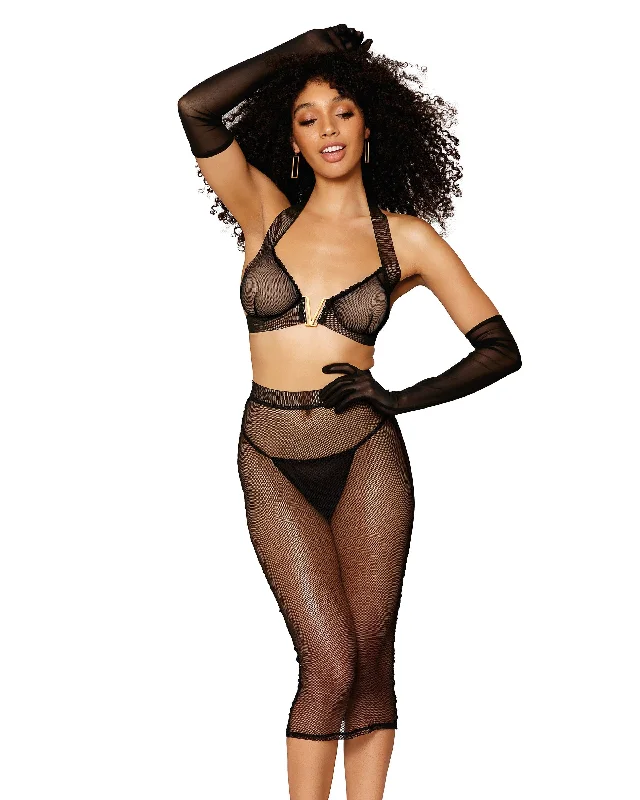 Dreamgirl Stretch fishnet bra and slip skirt set