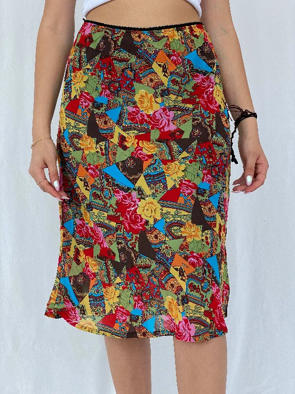 Stunning Vintage 90s Outfit Colorful Floral Midi Skirt Size L