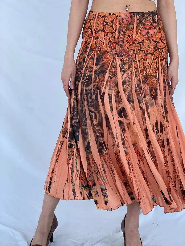 Gorgeous Vintage Orange Boho Print Midi Skirt