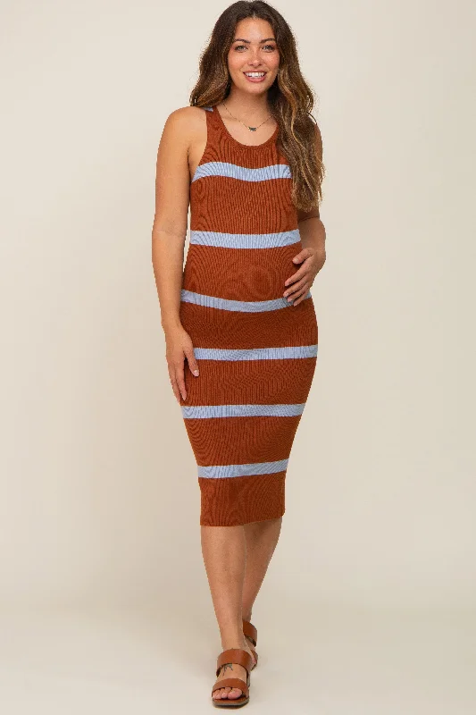 Brown Blue Striped Sleeveless Sweater Maternity Midi Dress Real Fur Shearling Chenille Brown Blue Striped Sleeveless Sweater Maternity Midi Dress Real Fur Shearling Chenille