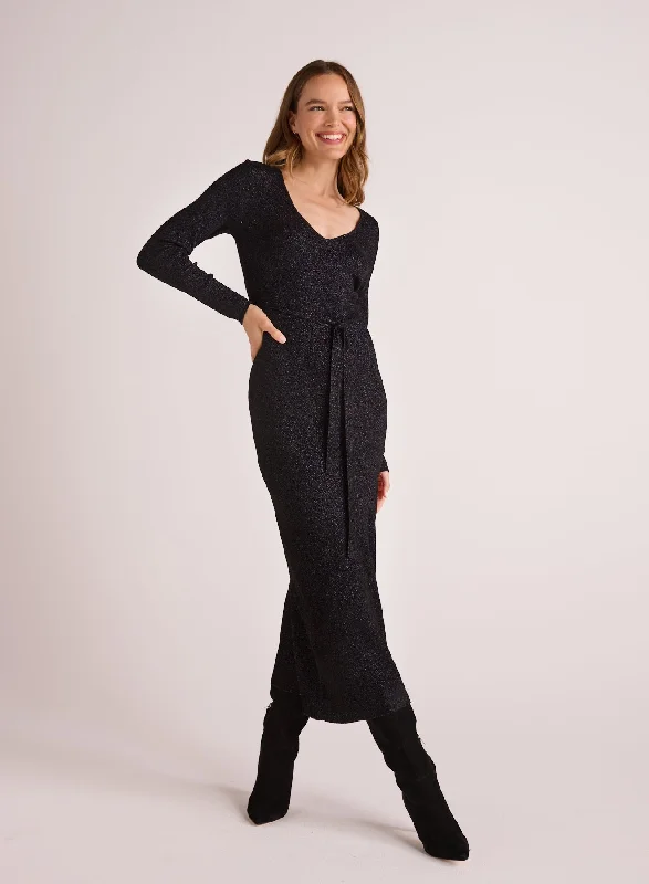 Long Sleeve Maxi Sweater Dress - Black with Metallic Chenille Blend Fleece Blend Nylon Blend Long Sleeve Maxi Sweater Dress - Black with Metallic Chenille Blend Fleece Blend Nylon Blend