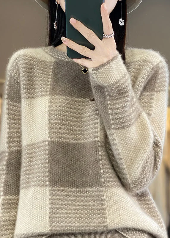 Boutique Camel O-Neck Plaid Patchwork Cashmere Knit Sweater Tops Spring Embroidered Appliqued Beaded Boutique Camel O-Neck Plaid Patchwork Cashmere Knit Sweater Tops Spring Embroidered Appliqued Beaded