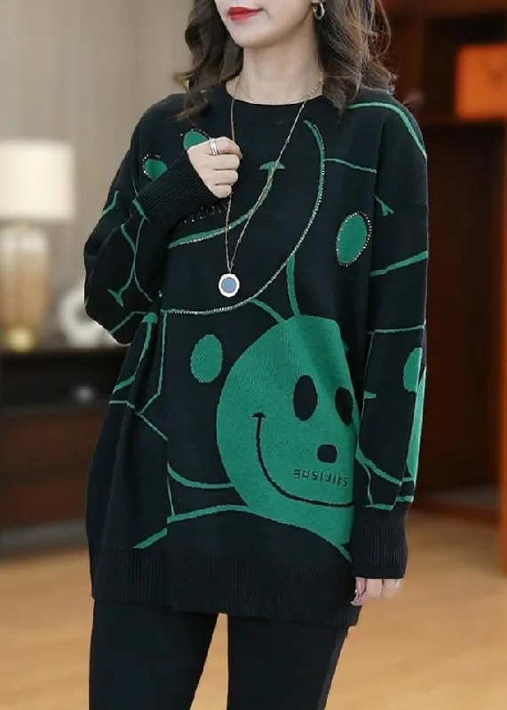 Handmade Green O-Neck Smil Print Cotton Knit Sweaters Top Long Sleeve Ribbed Striped Patterned Handmade Green O-Neck Smil Print Cotton Knit Sweaters Top Long Sleeve Ribbed Striped Patterned