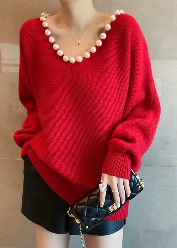 Handmade Red V Neck Nail Bead Thick Knit Sweaters Fall Wool Fabric Cashmere Fabric Tweed Fabric Handmade Red V Neck Nail Bead Thick Knit Sweaters Fall Wool Fabric Cashmere Fabric Tweed Fabric