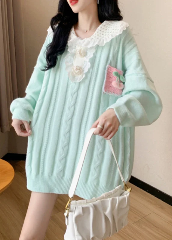 Light Green Patchwork Floral Cotton Knit Sweater Long Sleeve Sequined Glittery Shiny Light Green Patchwork Floral Cotton Knit Sweater Long Sleeve Sequined Glittery Shiny