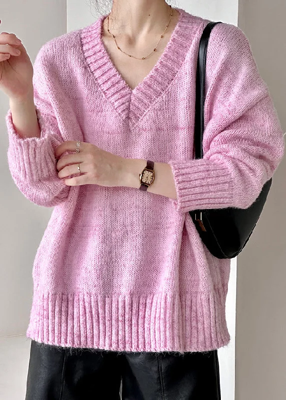 Loose Pink V Neck Hollow Out Cotton Knit Sweater Fall Jersey Fabric Tulle Fabric Batik Fabric Loose Pink V Neck Hollow Out Cotton Knit Sweater Fall Jersey Fabric Tulle Fabric Batik Fabric