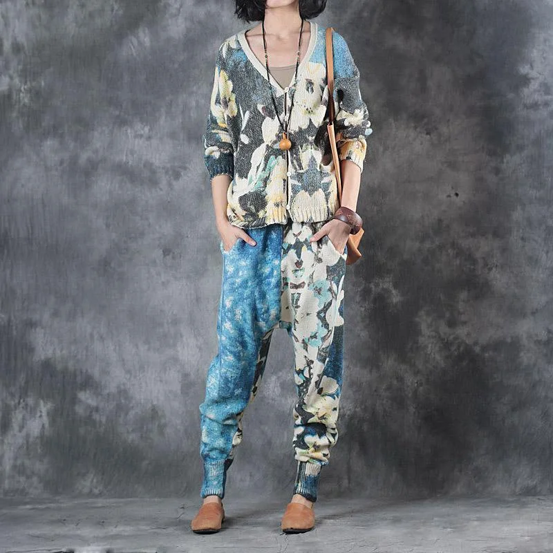 new fashion autumn blue print sweater tops with knit pants plus size vintage two pieces Stylish Fashionable Trendy new fashion autumn blue print sweater tops with knit pants plus size vintage two pieces Stylish Fashionable Trendy