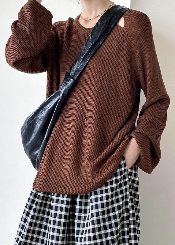 Women Brown O Neck Hollow Out Knit Sweaters Fall Chenille Fabric Brocade Fabric Lace Fabric Women Brown O Neck Hollow Out Knit Sweaters Fall Chenille Fabric Brocade Fabric Lace Fabric