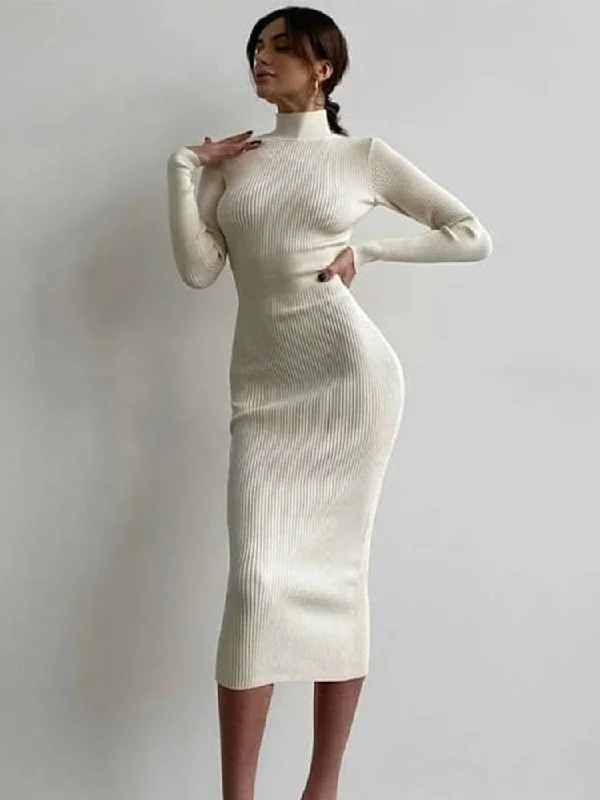 Amy Fashion - Elegant Solid Bodycon Long Sleeve Sweater Dress Fitted Slim Tailored