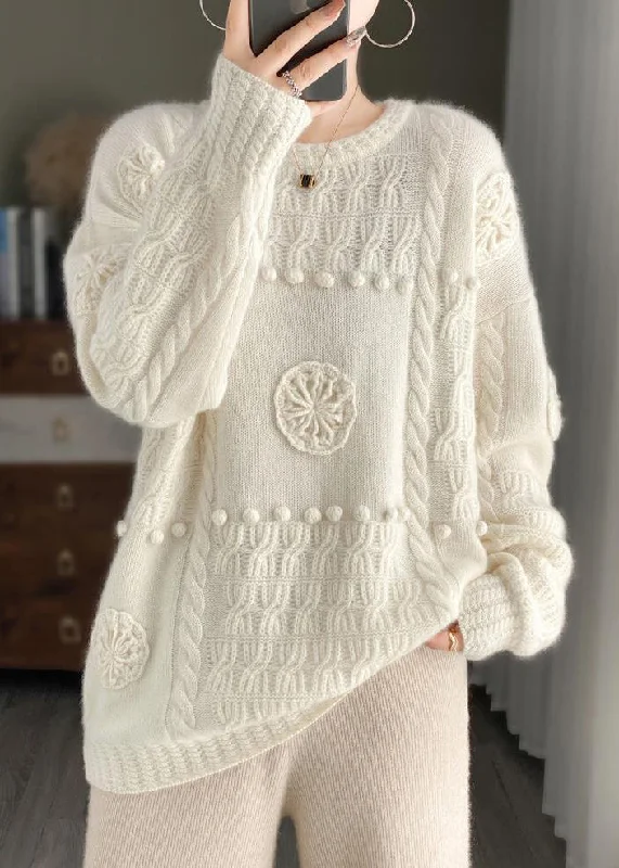 Women White O-Neck Floral Cozy Cashmere Knit Sweater Long Sleeve Herringbone Houndstooth Plaid Women White O-Neck Floral Cozy Cashmere Knit Sweater Long Sleeve Herringbone Houndstooth Plaid