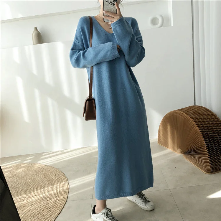 Julia Fashion - V-Neck Loose Full Sleeve Women Sweater Long Dress Iron Safe Non-Iron Wrinkle Free Julia Fashion - V-Neck Loose Full Sleeve Women Sweater Long Dress Iron Safe Non-Iron Wrinkle Free