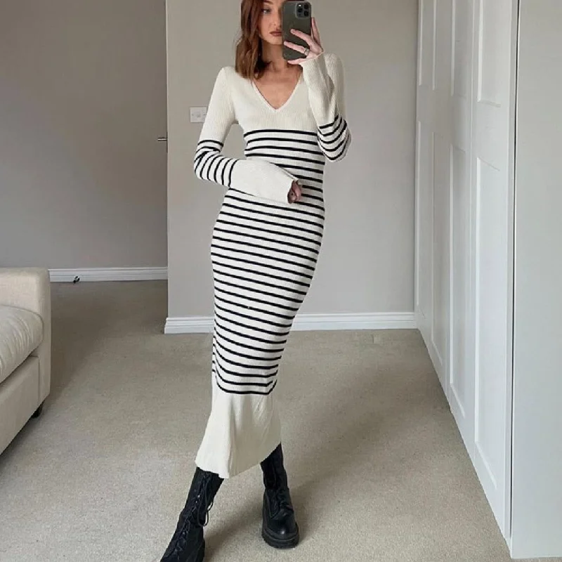 Zjkrl - Black White Striped Knitted Maxi Dress for Women Elegant Long Sleeve Slim Sweater Dress Autumn Winter Causal Long Dress 2023 Lightweight Heavyweight Midweight Zjkrl - Black White Striped Knitted Maxi Dress for Women Elegant Long Sleeve Slim Sweater Dress Autumn Winter Causal Long Dress 2023 Lightweight Heavyweight Midweight