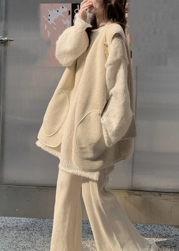 Cute Beige O-Neck Thick Cotton Knit Waistcoat Sweaters And Trousers Three Piece Set Winter Fitted Loose Oversized Cute Beige O-Neck Thick Cotton Knit Waistcoat Sweaters And Trousers Three Piece Set Winter Fitted Loose Oversized