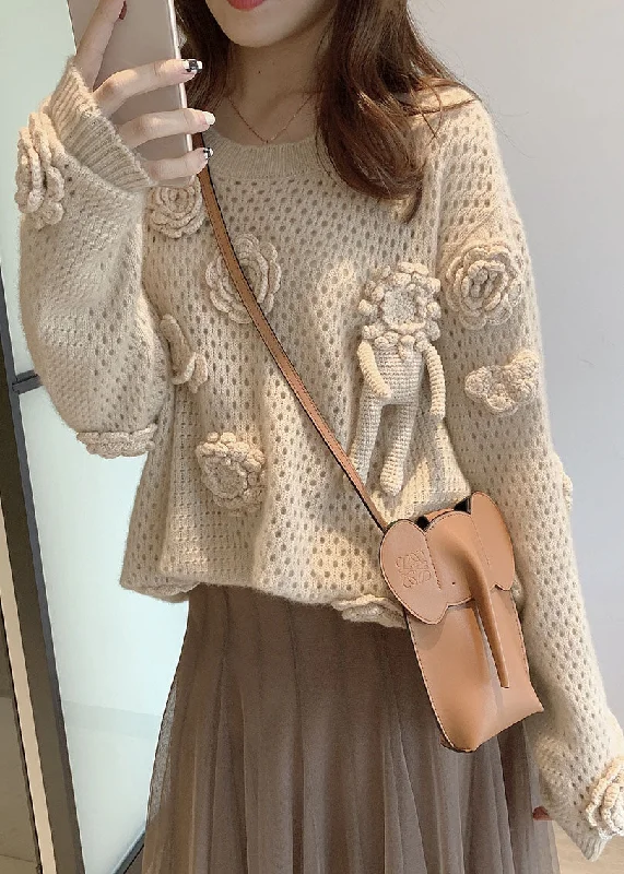French Apricot O Neck Hollow Out Floral Knit Sweaters Fall Velvet Chenille Corduroy