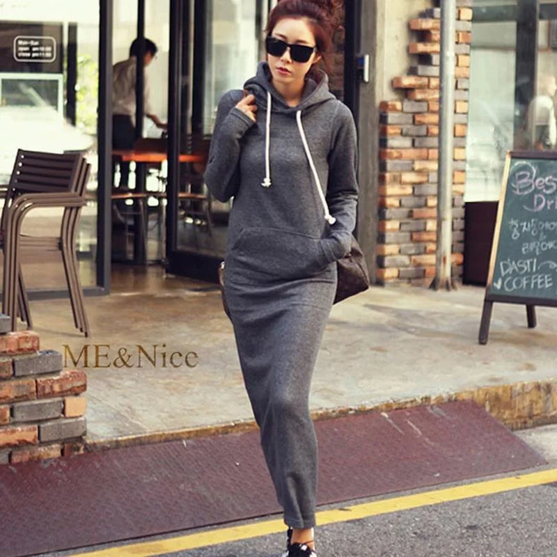 Fur Fleece Hooded Long Sleeve Sweater Maxi Dress Toggled Drawstring Belted