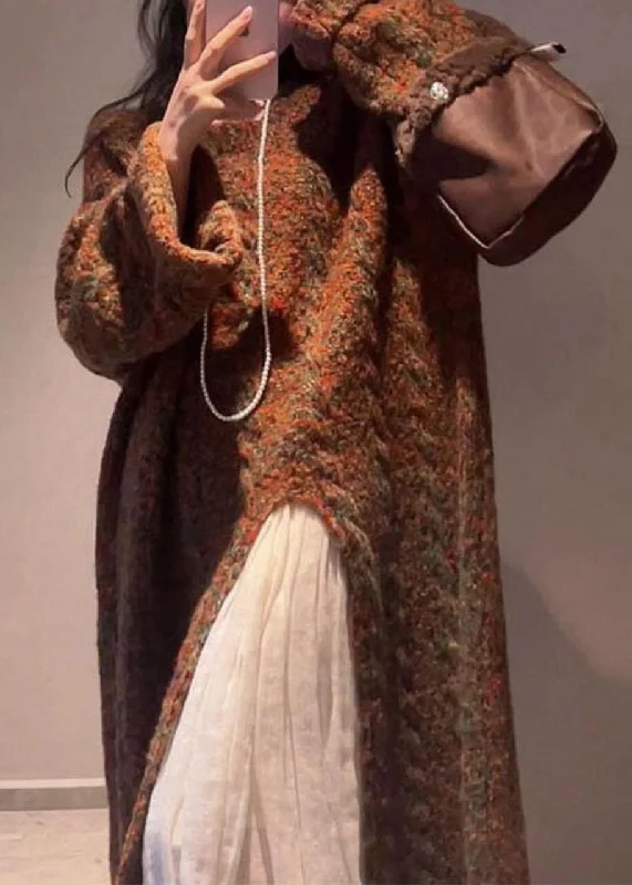 Handmade Coffee O-Neck Asymmetrical Cotton Knit Long Sweaters Winter Zippered Front Buttoned Front Snap Front Handmade Coffee O-Neck Asymmetrical Cotton Knit Long Sweaters Winter Zippered Front Buttoned Front Snap Front