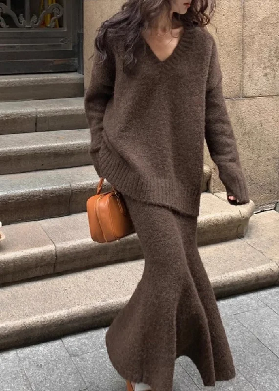 Plus Size Brown Cozy Cotton Knit Sweaters And Maxi Skirts Two Pieces Set Winter Elasticated Padded Insulated Plus Size Brown Cozy Cotton Knit Sweaters And Maxi Skirts Two Pieces Set Winter Elasticated Padded Insulated
