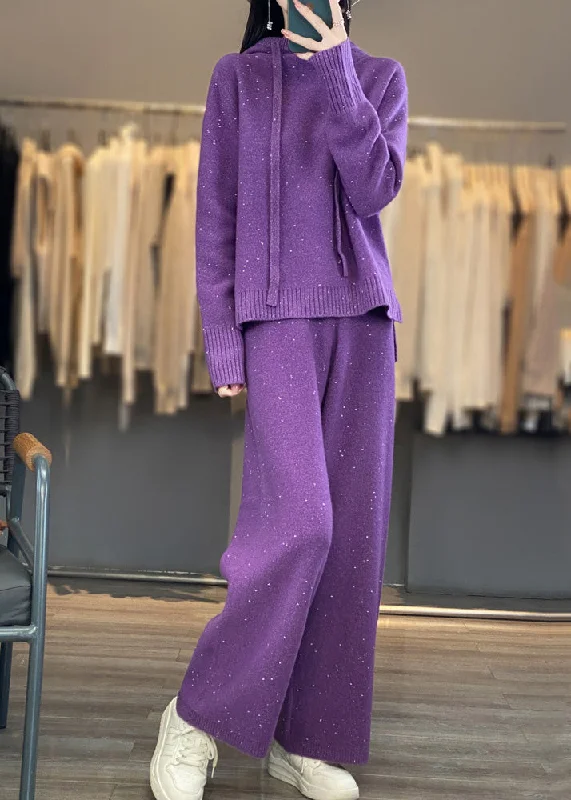Stylish Purple Drawstring Hooded Cotton Knit Sweaters And Wide Leg Pants Two Piece Set Winter Jersey Fabric Tulle Fabric Batik Fabric Stylish Purple Drawstring Hooded Cotton Knit Sweaters And Wide Leg Pants Two Piece Set Winter Jersey Fabric Tulle Fabric Batik Fabric