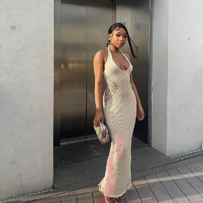 Summer New Sweaters Women Clothing  Hollow Personality U Collar Lace-up Maxi Dress Crochet Terry Blend Velvet Blend Canvas Blend