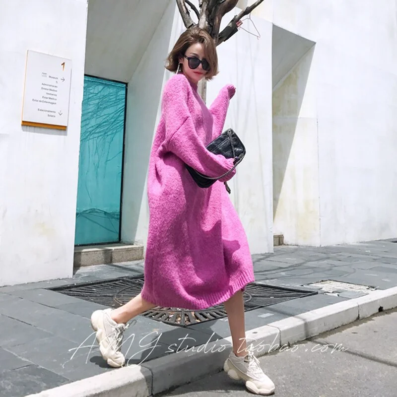 Vintage Warm Autumn Sweater Women Dress Winter Long Sweater Knitted Dresses loose Maxi Oversize Lady Dresses Robe Vestidos Hooded Sweater Collared Sweater Shawl Collar