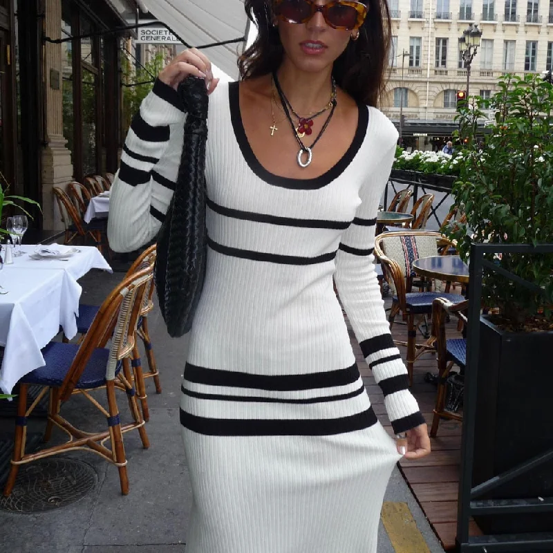 White Striped Knitted Maxi Dress for Women Elegant O-neck Long Sleeve Slim Sweater Dress Autumn Winter Warm Causal Dresses 2023 Stretchy Elastic Breathable White Striped Knitted Maxi Dress for Women Elegant O-neck Long Sleeve Slim Sweater Dress Autumn Winter Warm Causal Dresses 2023 Stretchy Elastic Breathable