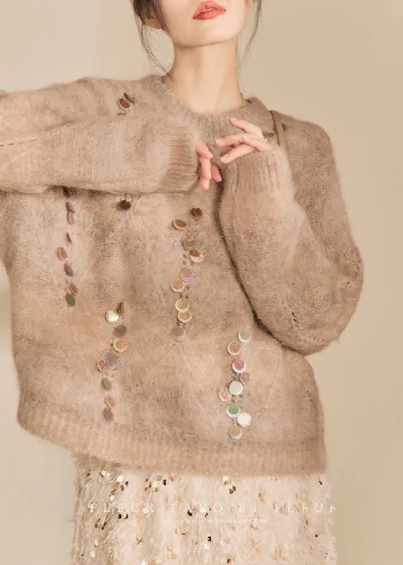 Women Camel O-Neck Sequins Thick Cotton Knit Sweater Winter Front Pockets Side Pockets Patch Pockets Women Camel O-Neck Sequins Thick Cotton Knit Sweater Winter Front Pockets Side Pockets Patch Pockets