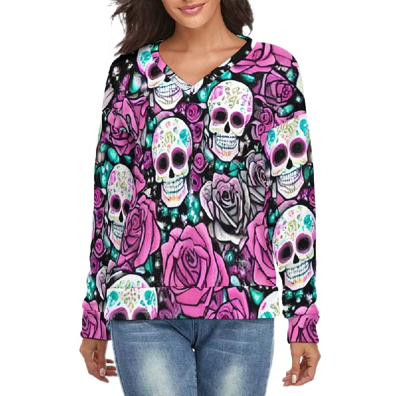 Women's Pink Floral Skulls V-Neck Long Sleeve Sweater Embroidered Appliqued Beaded