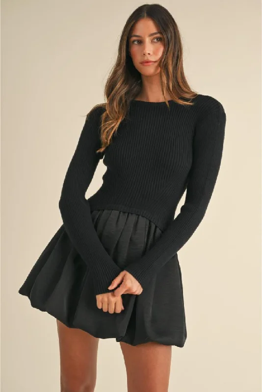 Avery Ribbed Sweater & Satin Bubble Hem Mini Dress