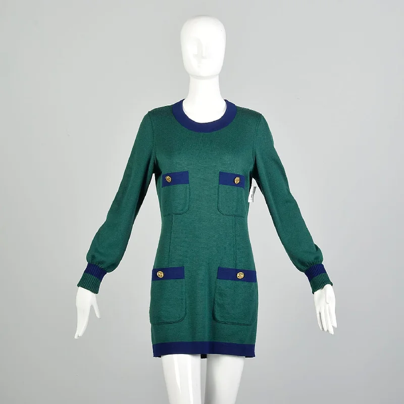 Chanel Boutique Autumn/Winter 1990/1991 Sweater Dress Green Navy Mini Long Sleeve with Tags