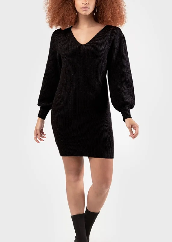 Longsleeve V-Neck Sweater Dress in Black