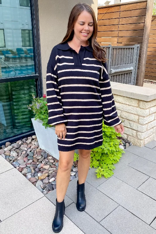 Here Forever Black Striped Sweater Dress