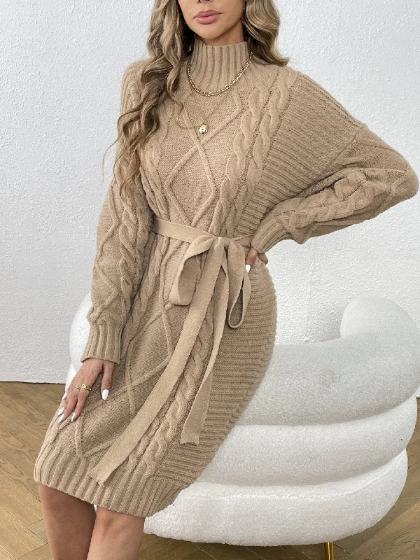 Nine 11 Cable Knit Sweater Dress, Casual High Neck Long Sleeve Dress, Women's Clothing