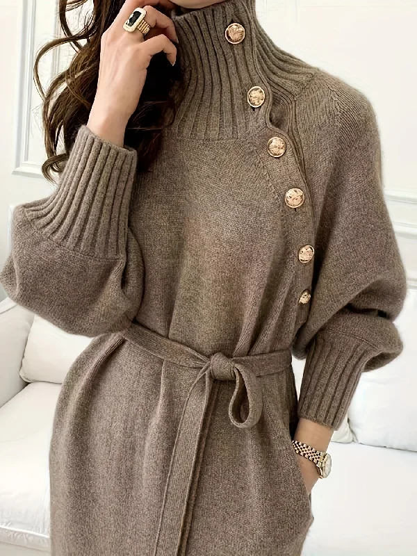 Nine 11 Elegant French-Inspired Over-the-Knee Sweater Dress - Chic Mid-Length Knit with Button Detail, Perfect for Fall & Winter