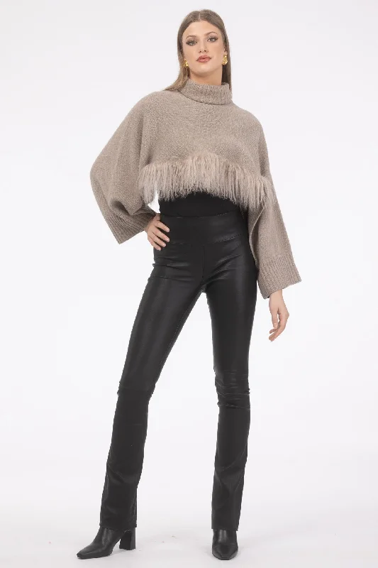 Select Cashmere and Merino Wool Blend Cropped Sweater with Select Mongolian Lamb Trim