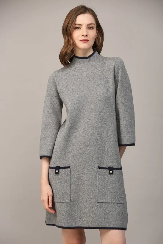 Contrast Color Knit Mock Neck Sweater Dress Grey