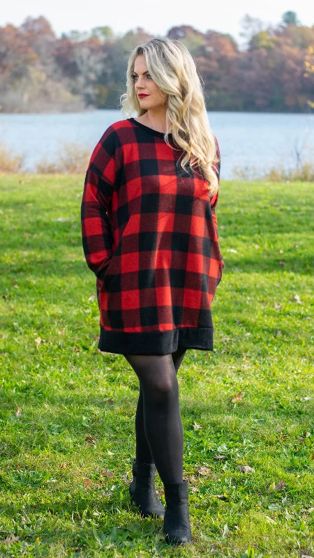 By Your Side: Red and Black Buffalo Plaid Sweater Dress/Tunic Top