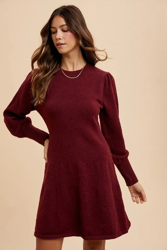 Puff Sleeve Solid Sweater Dress Burgundy