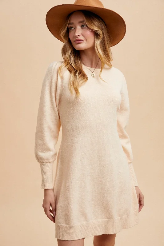 Puff Sleeve Solid Sweater Dress Cream