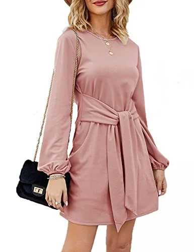 Tobrief Women's Autumn Winter Long Lantern Sleeve Knitted Bodycon Tie Waist Pencil Sweater Dress