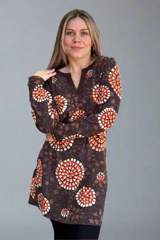 V-Neck Brown Print Sweater Dress